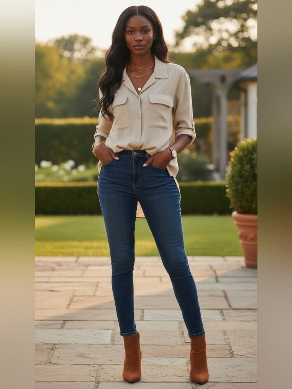Notations Woman Beige Satin Blouse Long Sleeve Chest Pockets Button Cuff -18W